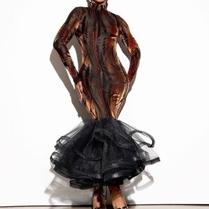 Black and Brown Ruffled Tiered Mesh Dress with Mock Neck